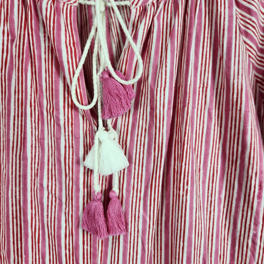 Pink City Prints Dress Womens XS/S Pink Striped Tassel Midi Boho Coastal Peasant - Picture 3 of 11